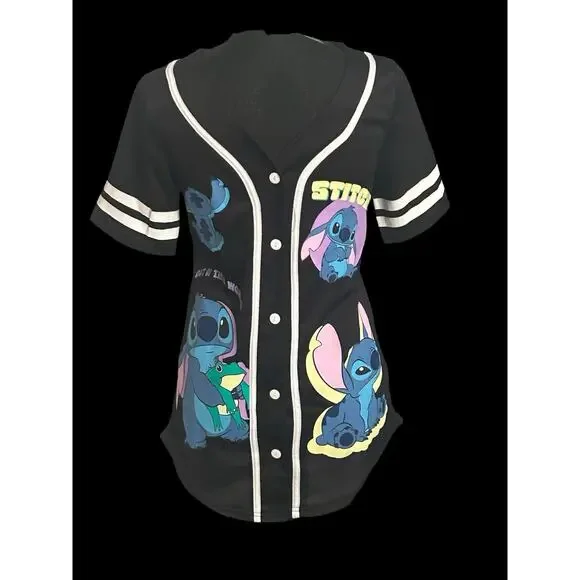 Stitch Disney Women's Baseball Black Jersey Top Size Small-See Dimensions - Picture 1 of 9